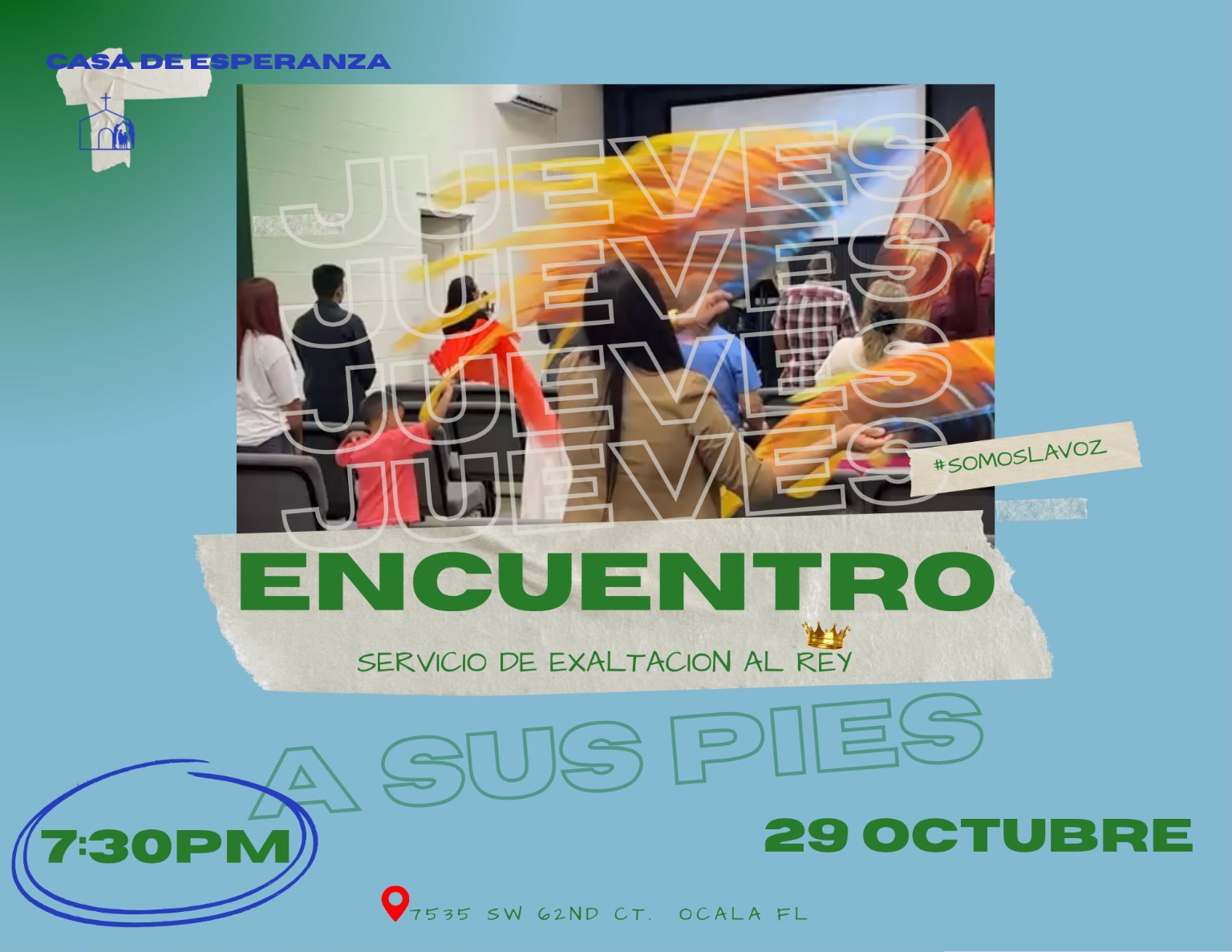 Afiche de Encuentro, servicio de exaltación al Rey, jueves 29 de octubre a las 7:30 p. m.