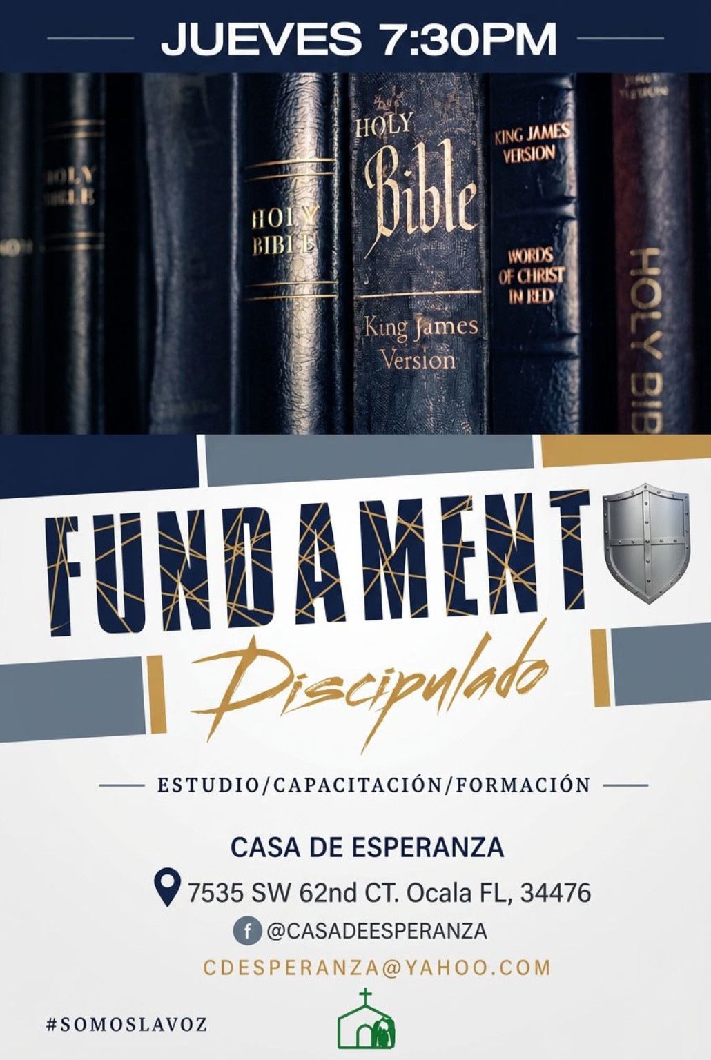 Afiche de Fundamento Discipulado, estudio, capacitación y formación, jueves a las 7:30 p. m.