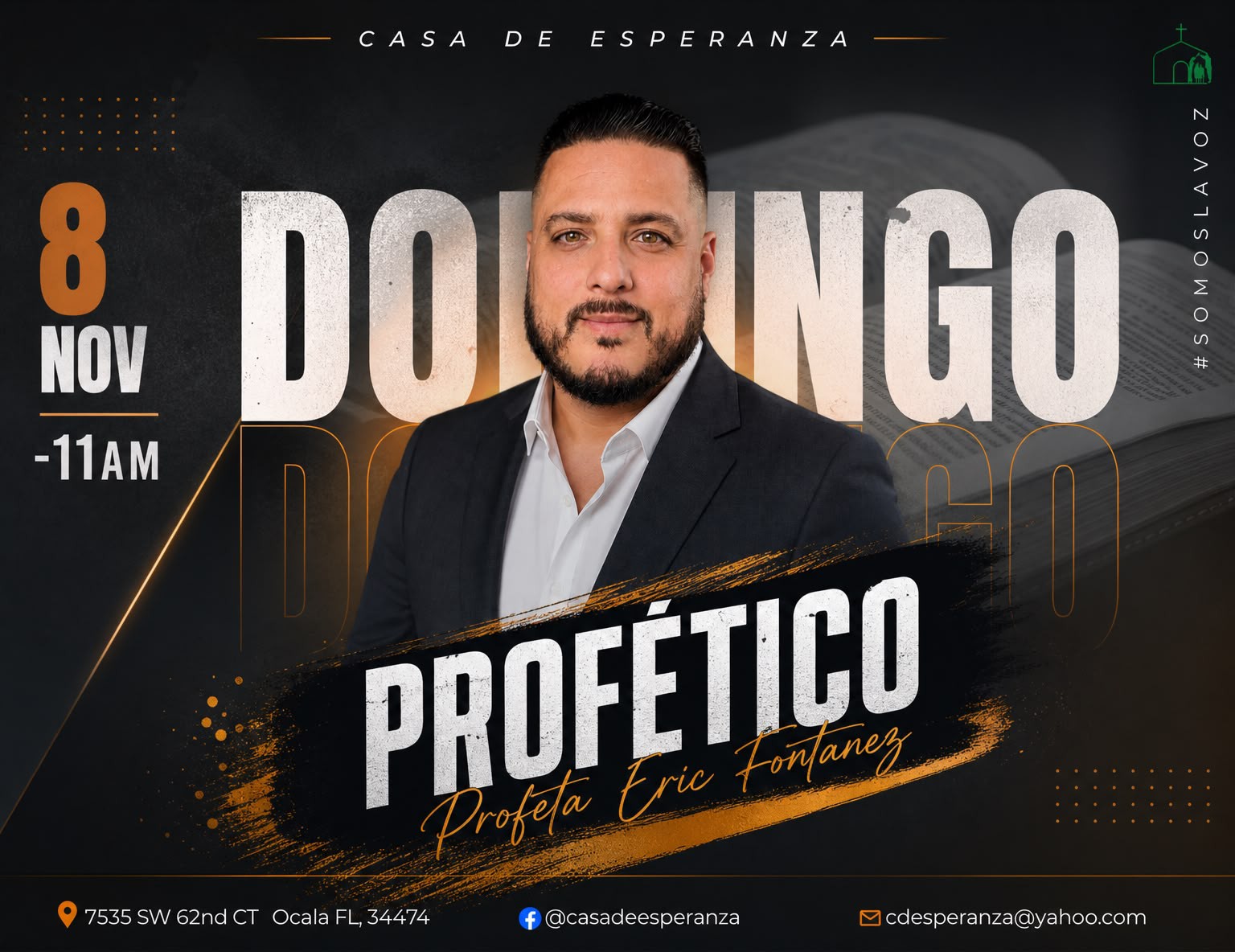 Afiche del servicio profético del domingo 8 de noviembre a las 11 a. m., con el profeta Eric Fontanez.